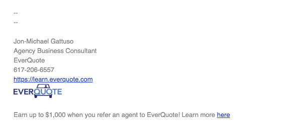 Example of an email signature with referral link - EverQuote