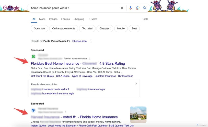 Google search for home insurance in ponte vedra fl