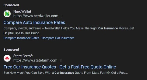 Digital marketing must-have for insurance agents: paid ads. Google search results with a “Sponsored” disclaimer