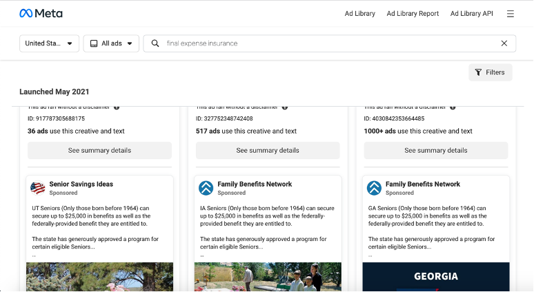 How to advertise life insurance - Facebook ad library